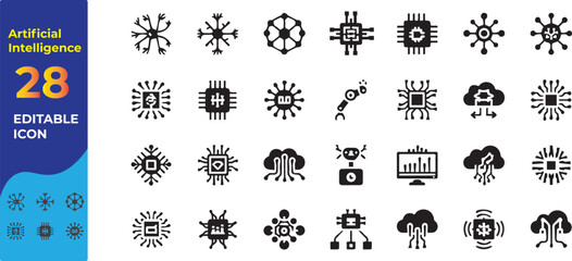 Collection of 28 editable black technology icons representing artificial intelligence and digital innovation concepts