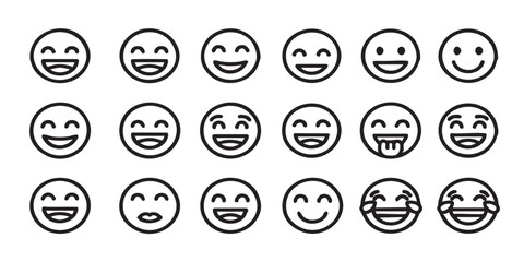 Set of smiling emoji face outline icons vector
