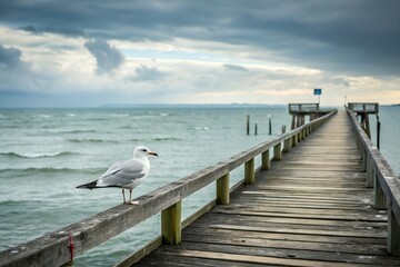 Seagull perched on a long wooden pier stretching out into the calm ocean under an overcast sky.