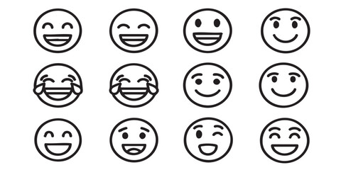 Set of smiling emoji face outline icons vector
