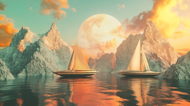 Old paper boat floating among autumn leaves on a peaceful lake with a view of cloudy mountain peaks at sunset - Powered by Adobe