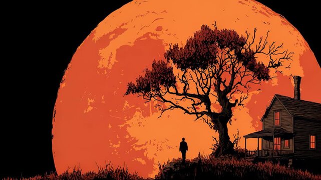 Silhouette of a Man Near a Haunted House Under a Large Orange Moon, Dark Fantasy Illustration, Halloween Concept