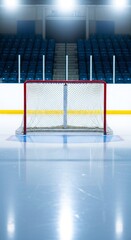 Obraz premium Empty ice hockey goal on a shiny skating rink with arena seating in the background. Winter sport, competitive game, or event concept.