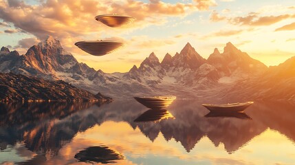 Old paper boat floating among autumn leaves on a peaceful lake with a view of cloudy mountain peaks at sunset