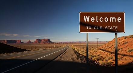 Welcome to our state sign on a desert highway. Travel and road trip concept in the western United States.