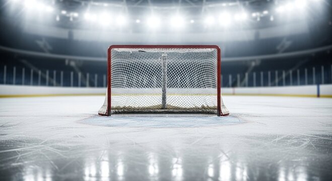 Ice hockey goal on an empty rink in a brightly lit arena. Professional sports stadium ready for game or training. Winter sport event.