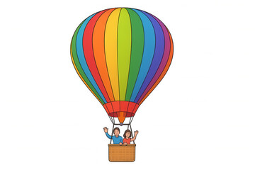 Fototapeta premium Couple celebrating adventure, flying in colorful rainbow hot air balloon, waving hello, travel and journey concept