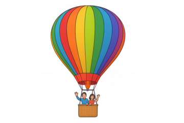 Couple celebrating adventure, flying in colorful rainbow hot air balloon, waving hello, travel and journey concept