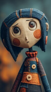 Close-up of stylized stop-motion character, handcrafted charm, playful yet eerie in 3D detail.