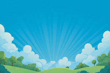 Obraz premium Serene cartoon-style landscape with meadow, mountains, and white fence