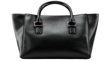 Simple black tote bag with handles and metallic hardware, dark background