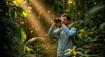 Man with backpack using binoculars for wildlife observation during tropical jungle excursion. Adventure and ecotourism concept trip.