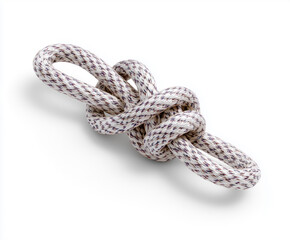 White and gray rope with figure-eight knot on white surface
