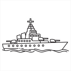 Obraz premium Black and white drawing of a warship sailing on water