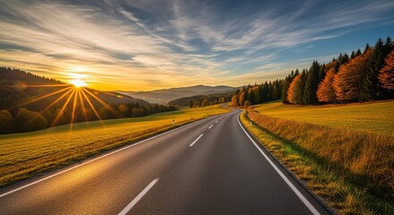 Naklejka premium Winding road through rural landscape with autumn trees and field during sunset. Scenic travel route for car journey and beautiful sky.