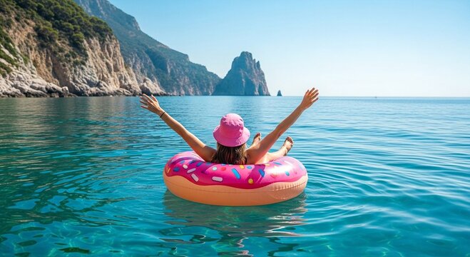 Woman floating on a donut pool raft in clear blue sea with arms raised, enjoying summer travel and vacation. - Powered by Adobe