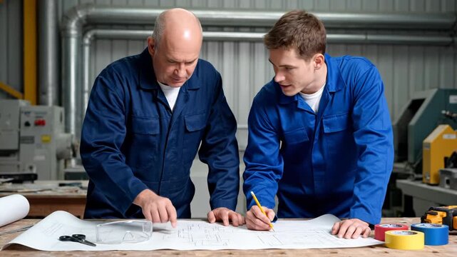 An experienced male instructor guides a young man in a workshop, pointing at a blueprint and explaining technical details vector illustration