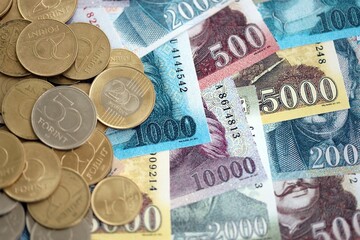 Hungarian Forint currency money bills and coins. HUF currency banknotes and coins close up