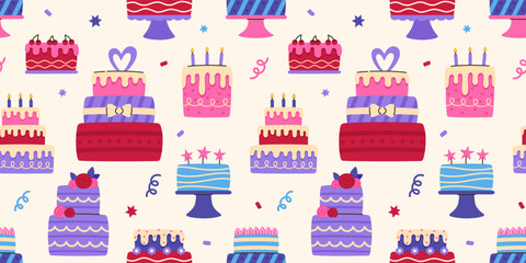 Seamless pattern with festive cakes. Birthday and holiday elements. Flat vector illustration.