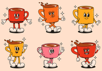 Cute groovy coffee cup characters in retro style. Flat vector illustration.