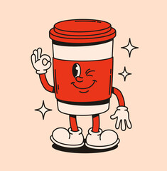 Groovy cup of coffee character. Flat vector illustration.