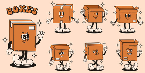 Set of groovy box characters. Flat vector illustration.