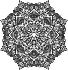 Intricate black and white mandala vector illustration, detailed geometric floral ornament, symmetrical decorative pattern art for design and meditation