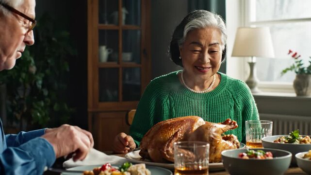 Elderly couple of asian and caucasian ethnicity enjoying a festive thanksgiving dinner with a roasted turkey at home vector illustration