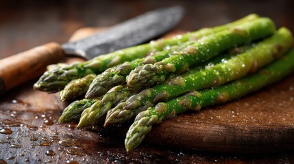 Fresh green asparagus glistens with water droplets on a wooden board, accompanied by a sharp knife. The rustic kitchen table setting adds warmth to this vibrant, appetizing scene.