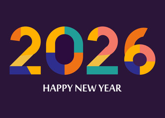 Colorful geometric Happy New Year 2026 typography design on dark background, modern festive greeting