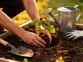 Close-up of gardener planting a raspberry seedling with ripe red berries in garden soil with shovel, gloves, and watering can nearby