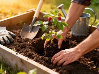 Farmer planting raspberry bush with bright red berries into soil in raised wooden garden bed, with gloves, shovel, and watering can on side