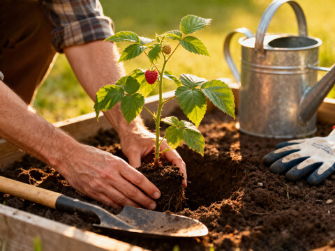 Gardener’s hands carefully placing raspberry plant with green leaves and red berries into soil in wooden garden bed under warm evening sunlight