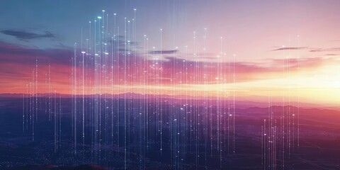 A city skyline with a sunset in the background