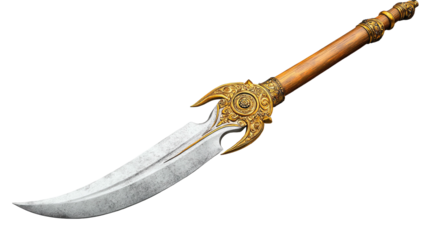 Ornate sword with curved blade and gold-detailed hilt, on black backdrop