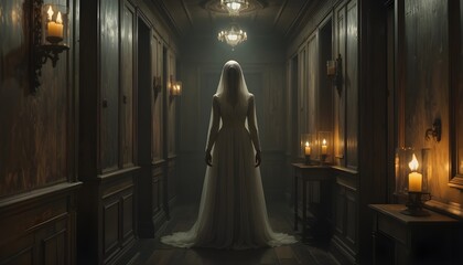 Ghostly woman in white dress standing in a dark hallway with candle lights
