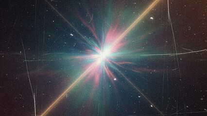 Explosive Central Light Leak Overlay: Vibrant Grainy Starburst with Rainbow Hues, Retro Film Scratches, and Dust Texture on a Dark Analog Background, Perfect for Vintage Photo Effects 