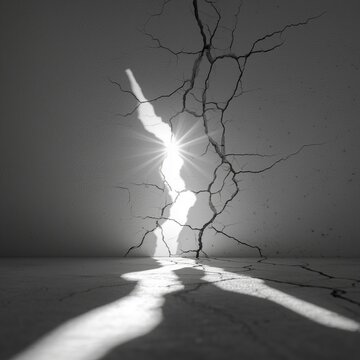 Black and White Image Depicting a Bright Light Source Shining Through a Large Crack in a Concrete Wall
