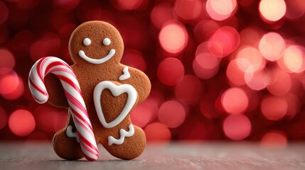 A cheerful gingerbread man holds a heart-shaped candy cane, showcasing vibrant red and white icing. The festive bokeh background adds a warm, whimsical touch, perfect for holiday themes.