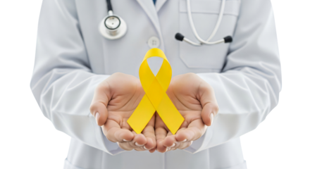 Doctor holds yellow awareness ribbon close up on transparent backdrop. Medical professional supports disease chilhood cancer. PNG healthcare campaign symbol for World Cancer Day and hope.