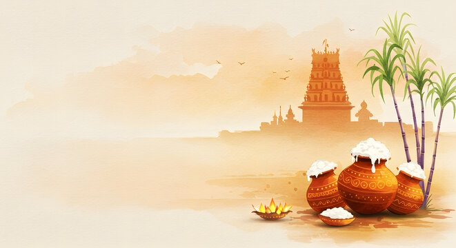 Pongal Festival Illustration with a Temple Pot and Sugarcane in a Textured Grunge Style with copy space for text