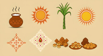 Collection of Pongal Festival Element Icon with Pot Sun Sugarcane Rangoli and Traditional Indian Sweet