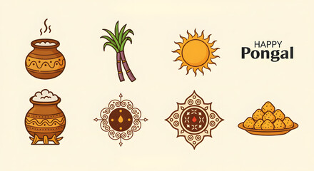 Happy Pongal Festival Icon Set with Cartoon Pot Sugarcane Sun and Rangoli for Holiday Decoration