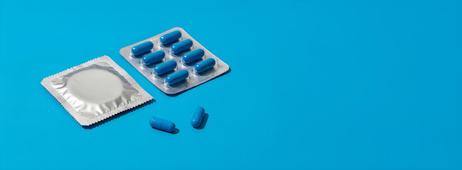 Blue pill supplement and condom for sexual health and safe sex concept on a blue background. ED treatment and contraception awareness banner template with copyspace.