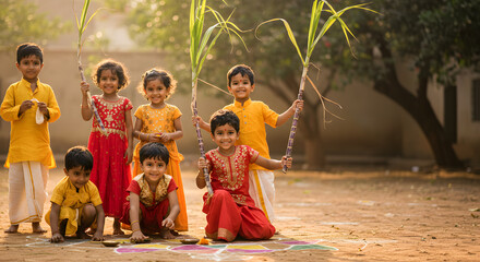 Group of Happy Children in Traditional Clothes Celebrating a Festival Outdoors with Sugarcane and Rangoli