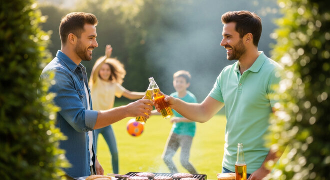 Two men clinking beer bottles while grilling outdoors with children playing soccer in background, banner template for summer barbecue promotions family events or beer ads, copyspace on background.