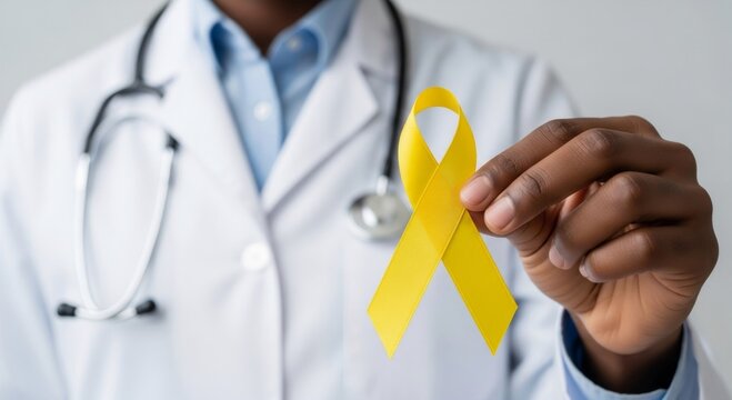 Man African American doctor holds yellow awareness ribbon. Medical professional supports disease chilhood cancer. Banner template healthcare campaign symbol for World Cancer Day and hope.