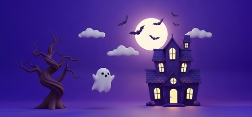 Cute ghost and bats against the moon, haunted house in 3d cute style on a purple background. Banner template for Halloween party invitations spooky night promotions and festive designs with copyspace.