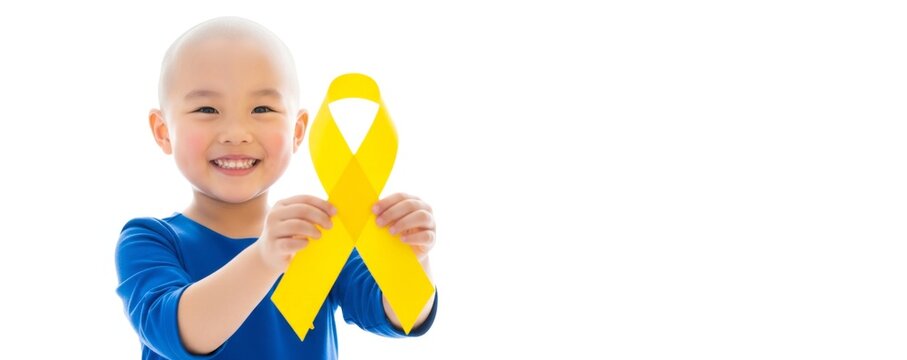 Bald little asian kid holding yellow ribbon on white background. Cancer awareness symbol. Childhood cancer awareness month. Hospital support banner concept with copy space. - Powered by Adobe