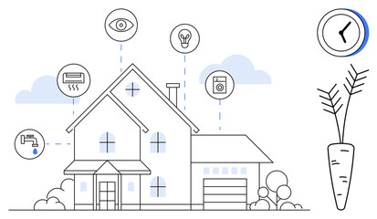 Modern house linked to smart systems thumbs up lighting, security, heating, water management, and gardening. Ideal for technology, sustainability, energy-saving, safety innovation automation